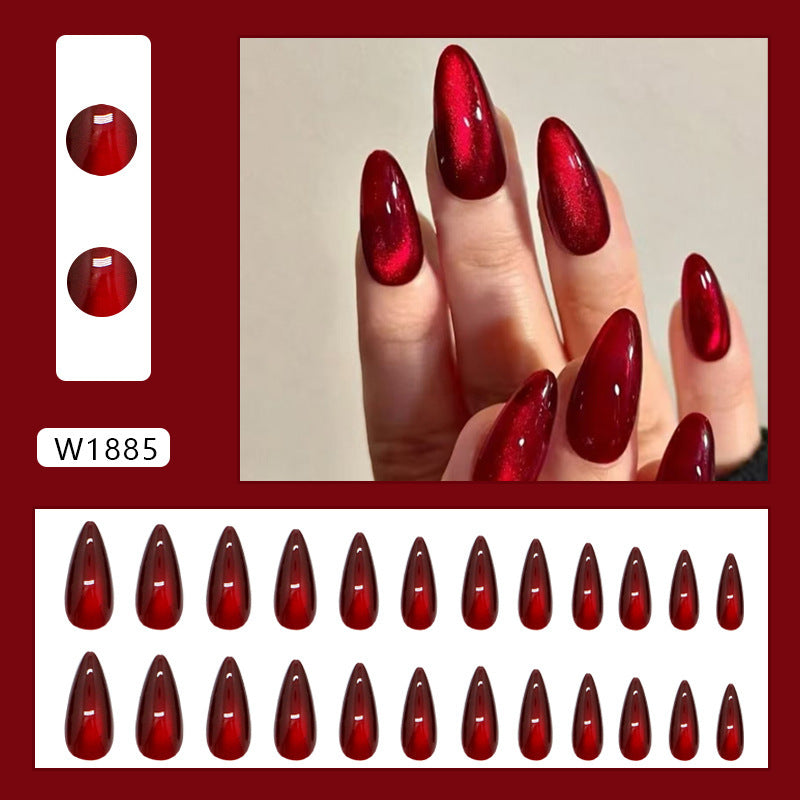 Wine Red Cat Eye Almond Nails - Removable Press On Nail Set
