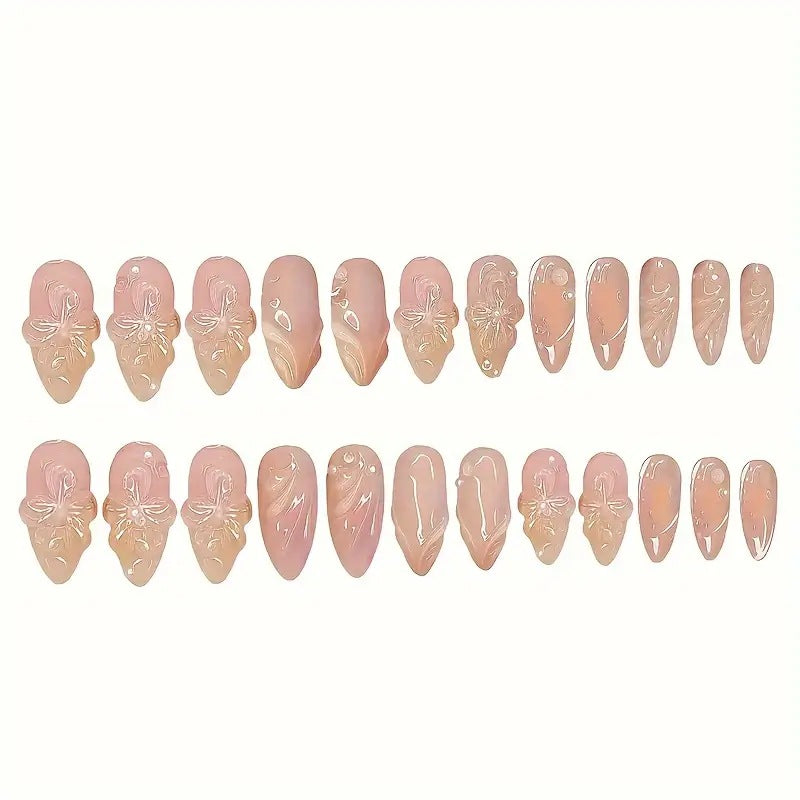 Almond Flower Nails - Pure Floral French False Nails Set