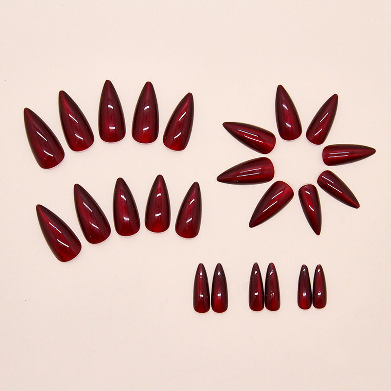 Wine Red Cat Eye Almond Nails - Removable Press On Nail Set