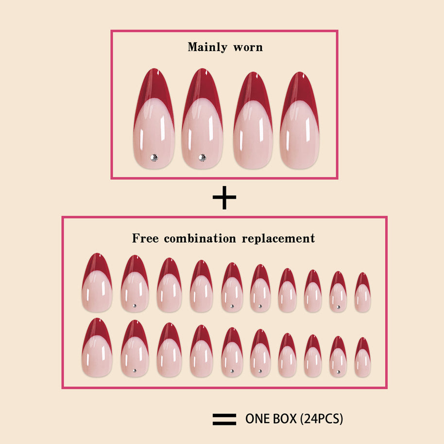 Red French Tip Nails - Water Drop Diamond Design