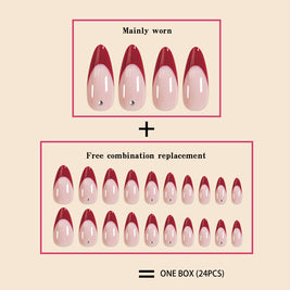 Red French Tip Nails - Water Drop Diamond Design