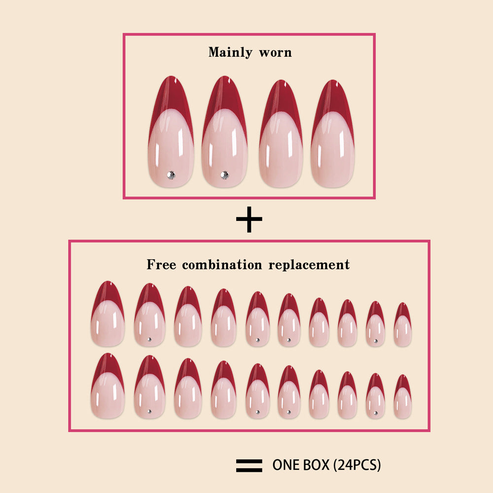 Red French Tip Nails - Water Drop Diamond Design