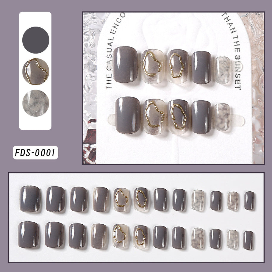 Autumn Winter Press On Nails - Ice Gray Gold Coil Short Square Tips
