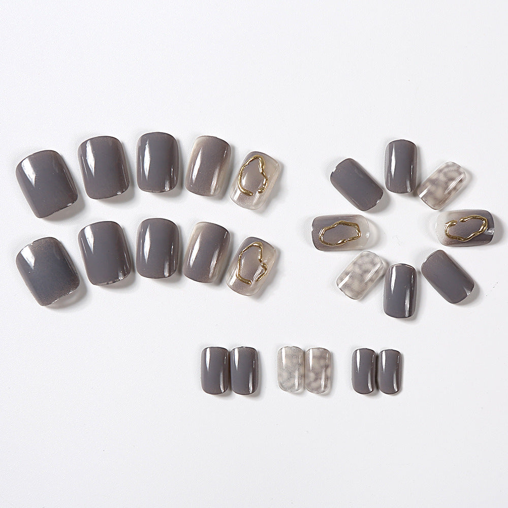 Autumn Winter Press On Nails - Ice Gray Gold Coil Short Square Tips
