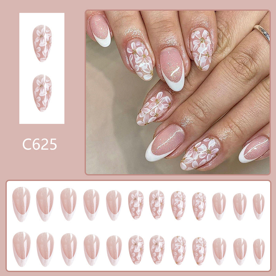 Glitter Flower Almond Nails - Short French Style False Nails