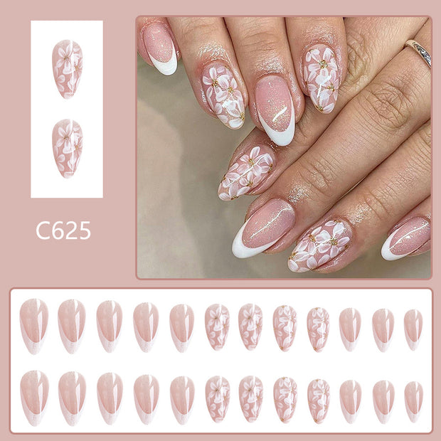 Glitter Flower Almond Nails - Short French Style False Nails
