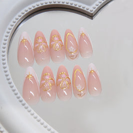 3D Peach Blossom French Nails - Detachable Floral Tips