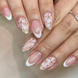 Glitter Flower Almond Nails - Short French Style False Nails