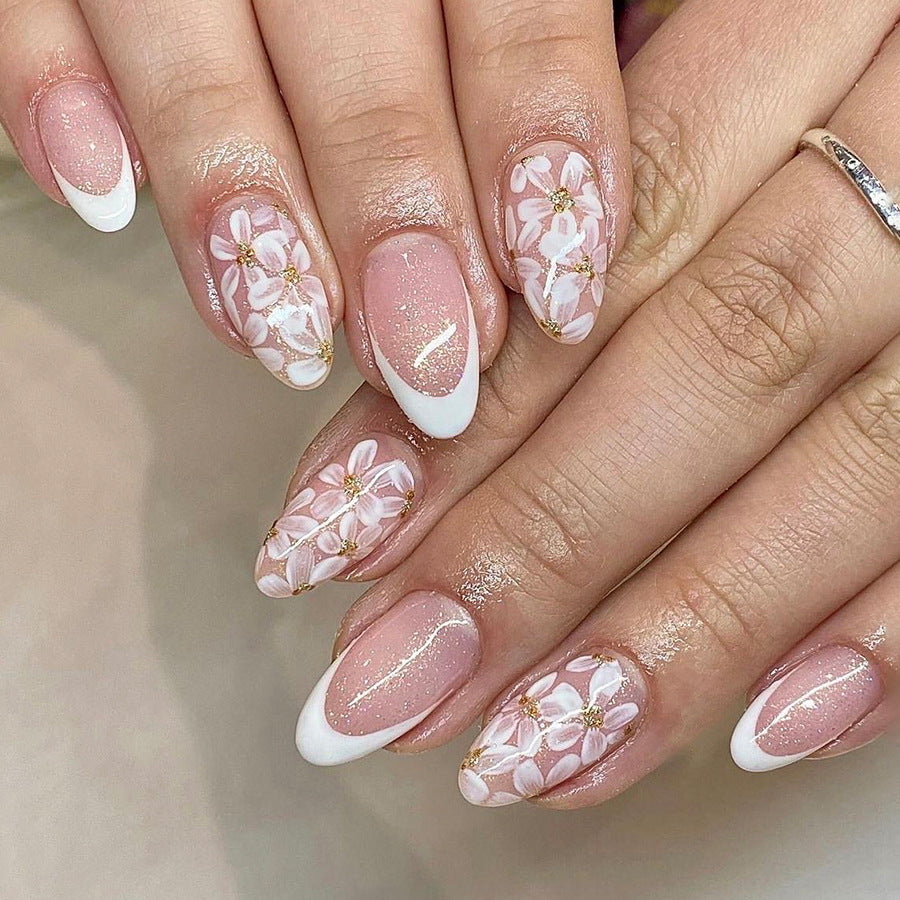 Glitter Flower Almond Nails - Short French Style False Nails