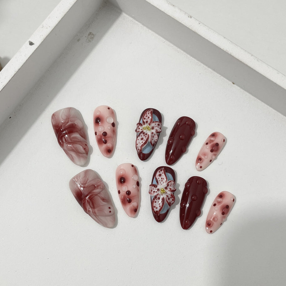 3D Hand-Pressed Floral Nails - Rose & Tulip Almond Tips