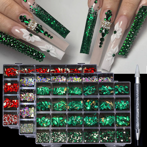 Professional Nail Art Rhinestones - 24 Grid Kit with AB & Colored Diamonds