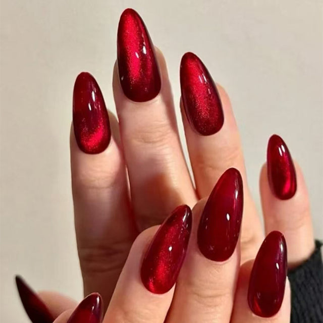 Wine Red Cat Eye Almond Nails - Removable Press On Nail Set
