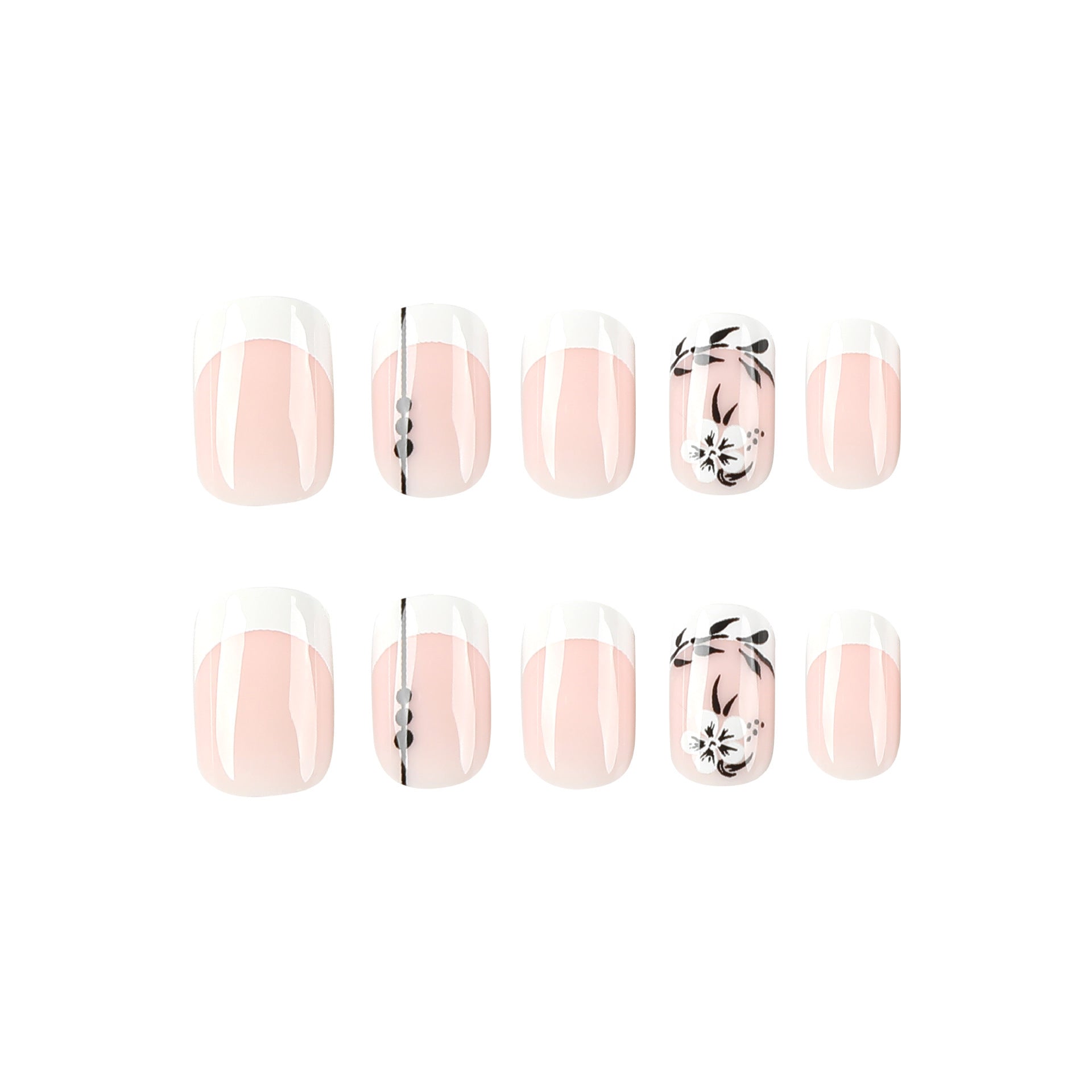 French Flower Black Leaf Nails - Short Square Manicure Set