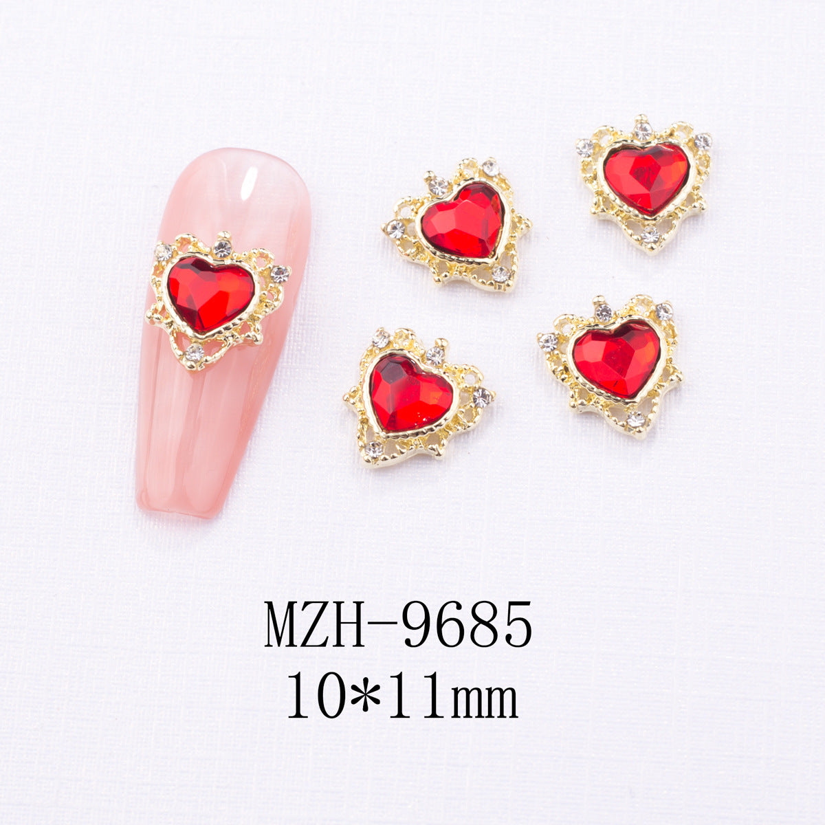 New Year Nail Bow Set - Glass & Metal Heart Decorations