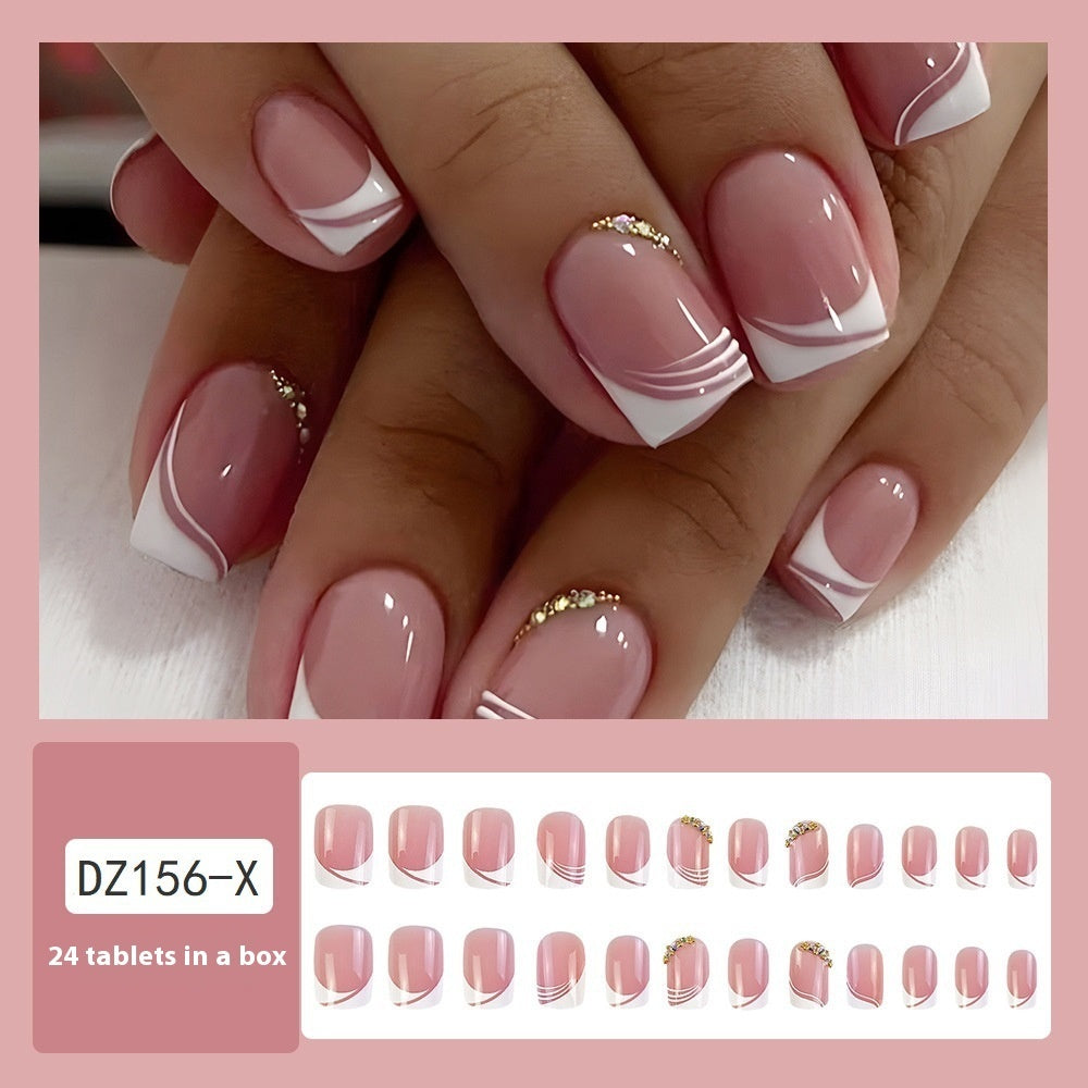 Sweet French Manicure - Medium Length Rhinestone Nails