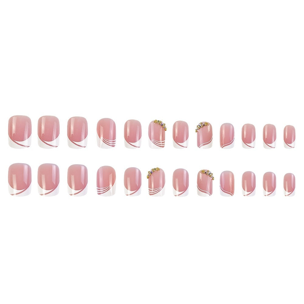 Sweet French Manicure - Medium Length Rhinestone Nails