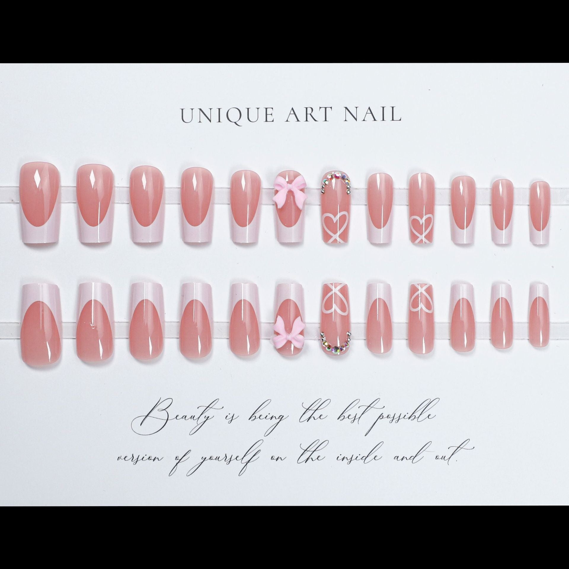 French Style Bow Nail - 24PC Pink Crystal Set