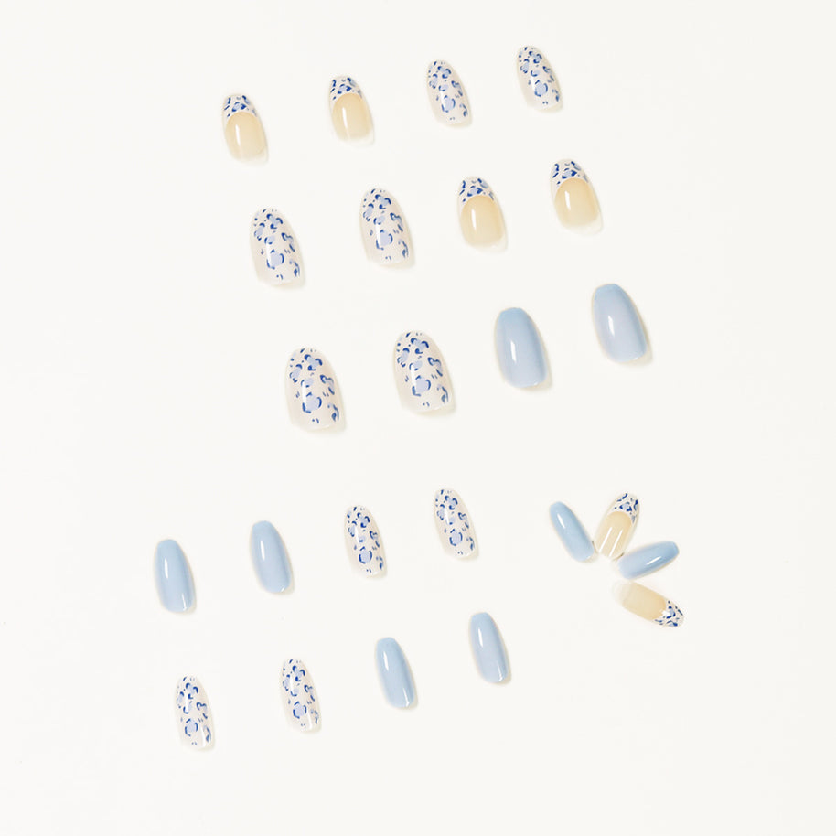 Medium Length Nail Tips - Cream White & Baby Blue Design