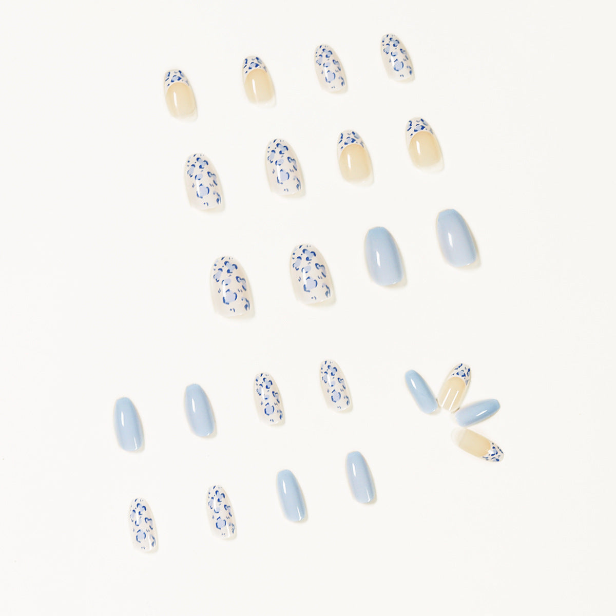 Medium Length Nail Tips - Cream White & Baby Blue Design