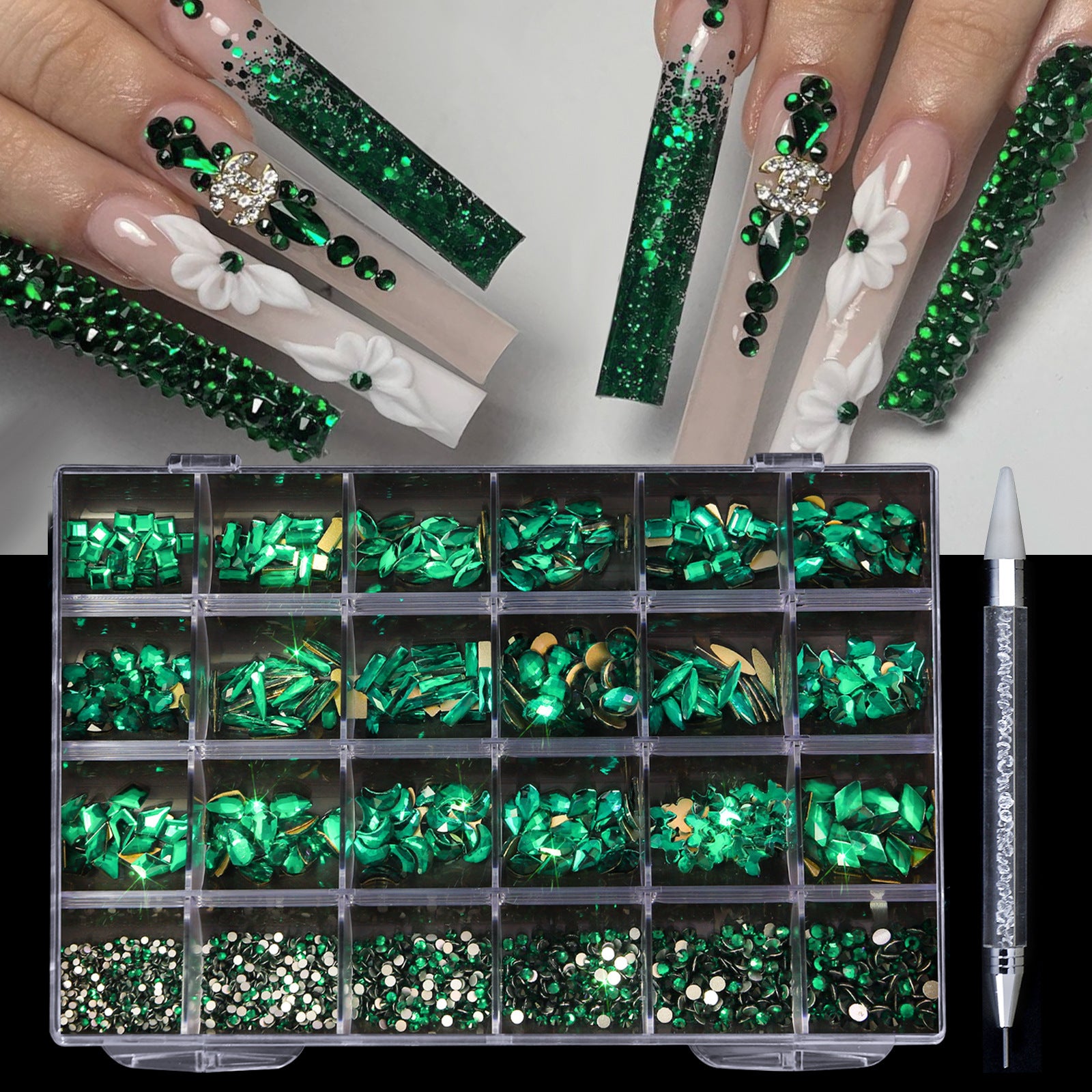 Professional Nail Art Rhinestones - 24 Grid Kit with AB & Colored Diamonds