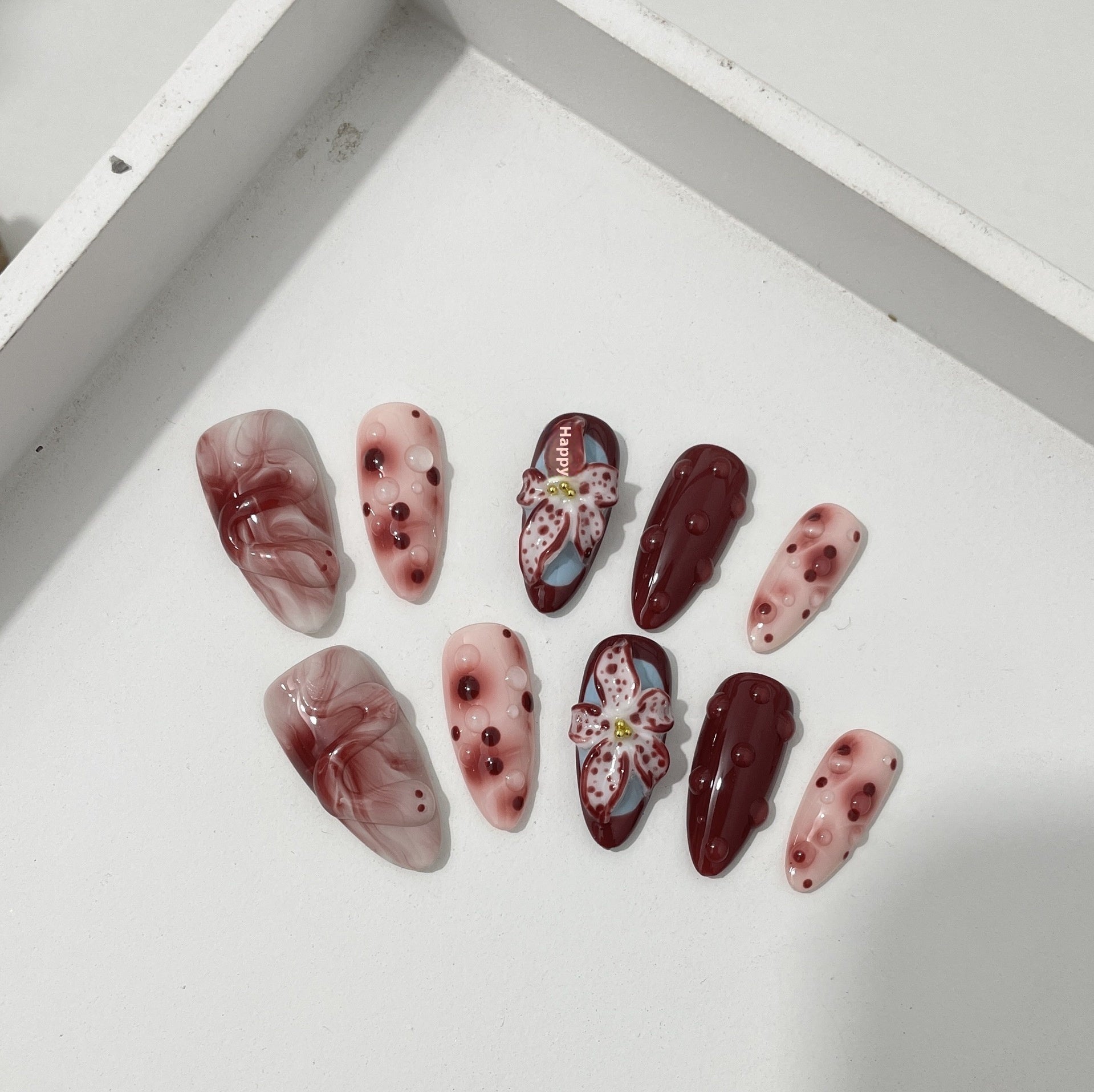 3D Hand-Pressed Floral Nails - Rose & Tulip Almond Tips