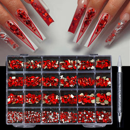 Professional Nail Art Rhinestones - 24 Grid Kit with AB & Colored Diamonds