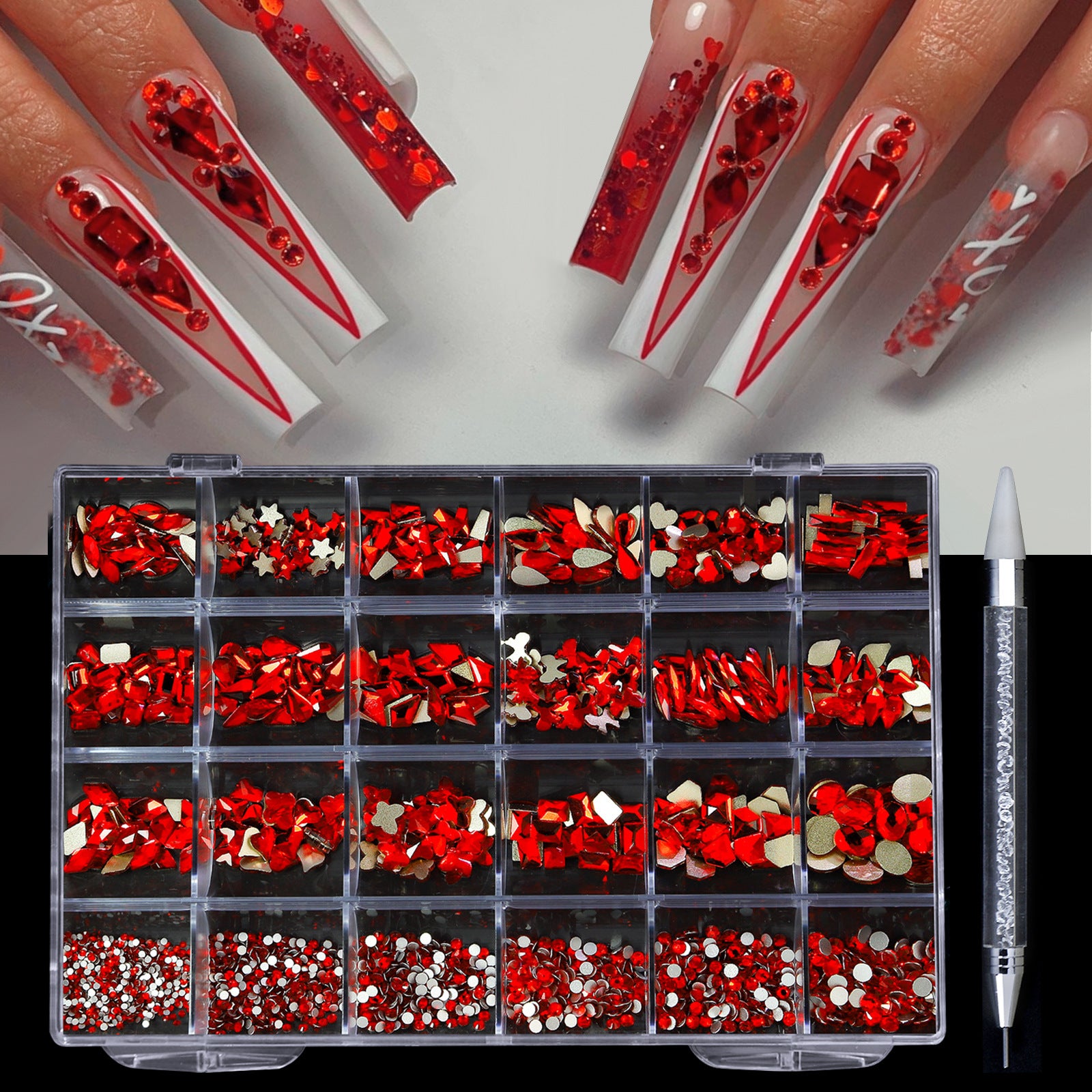 Professional Nail Art Rhinestones - 24 Grid Kit with AB & Colored Diamonds