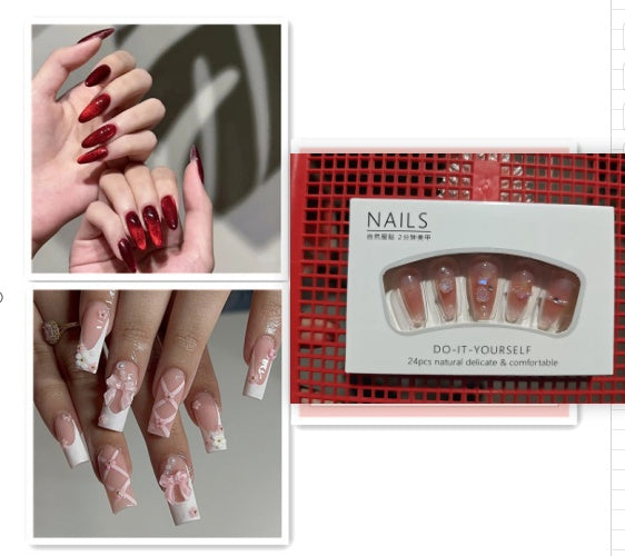 Red Cat's Eye Nail Patches - 24PC Solid Color Set with Glue