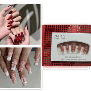 Red Cat's Eye Nail Patches - 24PC Solid Color Set with Glue