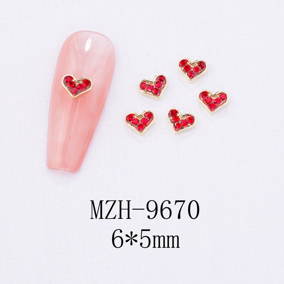 New Year Nail Bow Set - Glass & Metal Heart Decorations