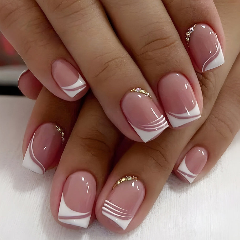 Sweet French Manicure - Medium Length Rhinestone Nails