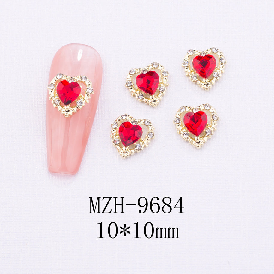 New Year Nail Bow Set - Glass & Metal Heart Decorations
