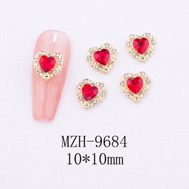 New Year Nail Bow Set - Glass & Metal Heart Decorations