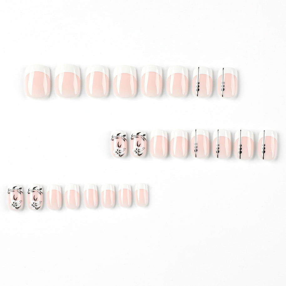 French Flower Black Leaf Nails - Short Square Manicure Set